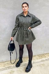 Khaki Faux Leather Belted Shirt Mini Dress - Alese-Dresses