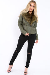 Khaki Faux Leather Biker Jacket with Fur Collar - Lindy-Jackets