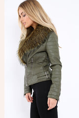 Khaki Faux Leather Biker Jacket with Fur Collar - Lindy-Jackets