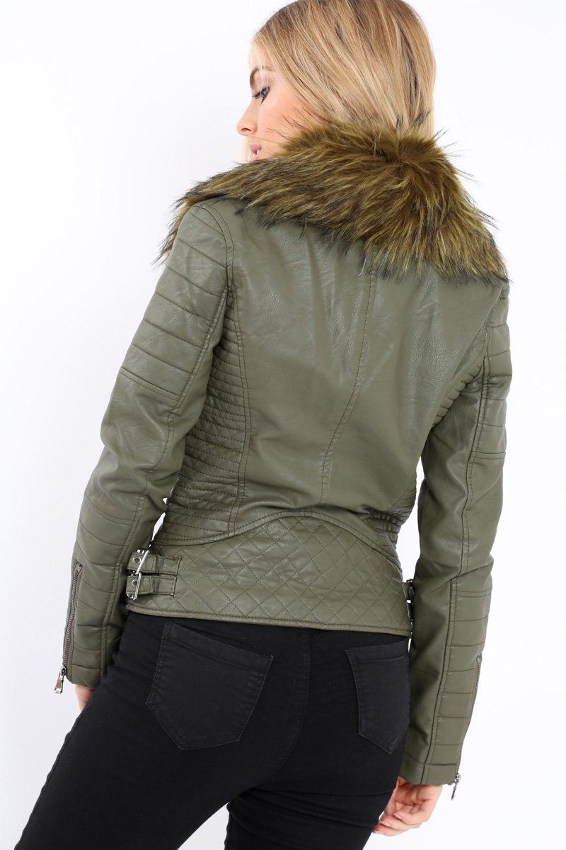 Khaki Faux Leather Biker Jacket with Fur Collar - Lindy-Jackets