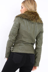 Khaki Faux Leather Biker Jacket with Fur Collar - Lindy-Jackets