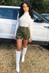 Khaki Faux Leather Buckle Belt Shorts - Tamra-Shorts