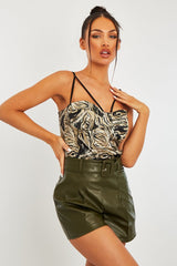 Khaki Faux Leather Buckle Belt Shorts - Tamra-Shorts