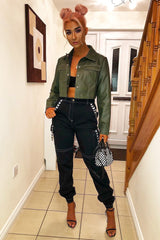 Khaki Faux Leather Contrast Stitch Trucker Jacket- Laianna-Jackets