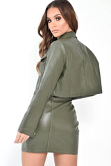Khaki Faux Leather Contrast Stitch Trucker Jacket- Laianna-Jackets