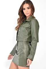 Khaki Faux Leather Contrast Stitch Trucker Jacket- Laianna-Jackets
