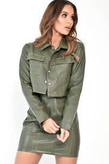 Khaki Faux Leather Contrast Stitch Trucker Jacket- Laianna-Jackets