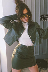 Khaki Faux Leather Contrast Stitch Trucker Jacket- Laianna-Jackets