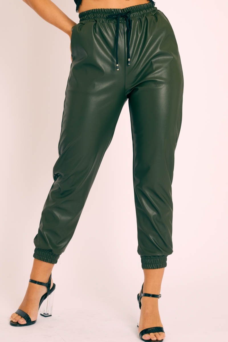 Khaki Faux Leather Drawstring Waist Joggers - Persia-Joggers