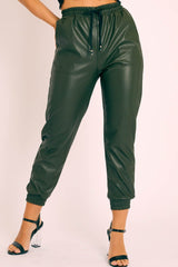 Khaki Faux Leather Drawstring Waist Joggers - Persia-Joggers
