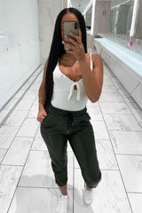 Khaki Faux Leather Drawstring Waist Joggers - Persia-Joggers