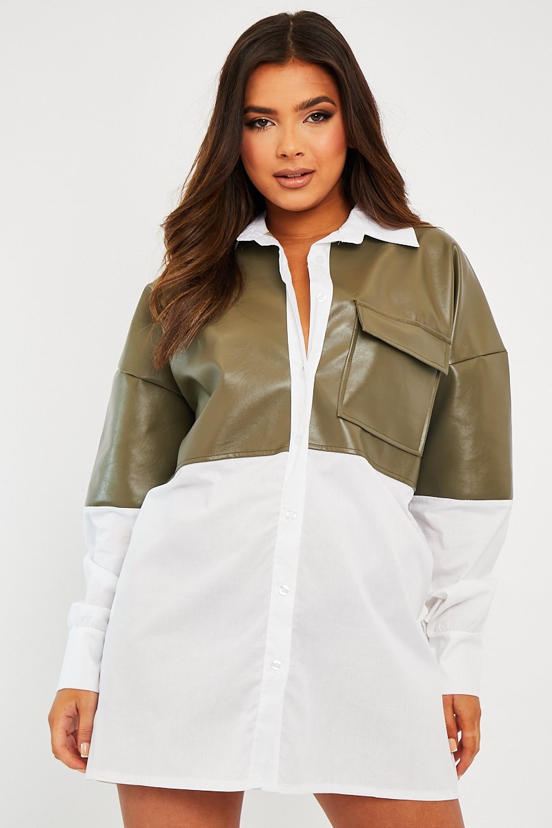 Khaki Faux Leather Panel Shirt Dress - Arriya Rebellious Fashion Khaki Faux Leather Panel Shirt Dress - Arriya Rebellious Fashion