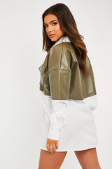 Khaki Faux Leather Panel Shirt Dress - Arriya-Dresses