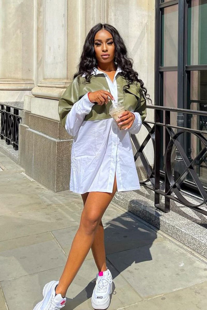 Khaki Faux Leather Panel Shirt Dress - Arriya-Dresses