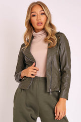 Khaki Faux Leather Pocket Detail Zip Front Jacket - Lara-Jackets