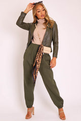 Khaki Faux Leather Pocket Detail Zip Front Jacket - Lara-Jackets