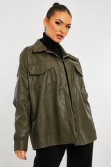 Khaki Faux Leather Shacket - Leiyah-Shacket