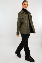 Khaki Faux Leather Shacket - Leiyah-Shacket