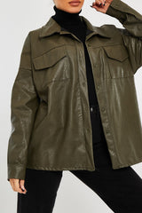 Khaki Faux Leather Shacket - Leiyah-Shacket