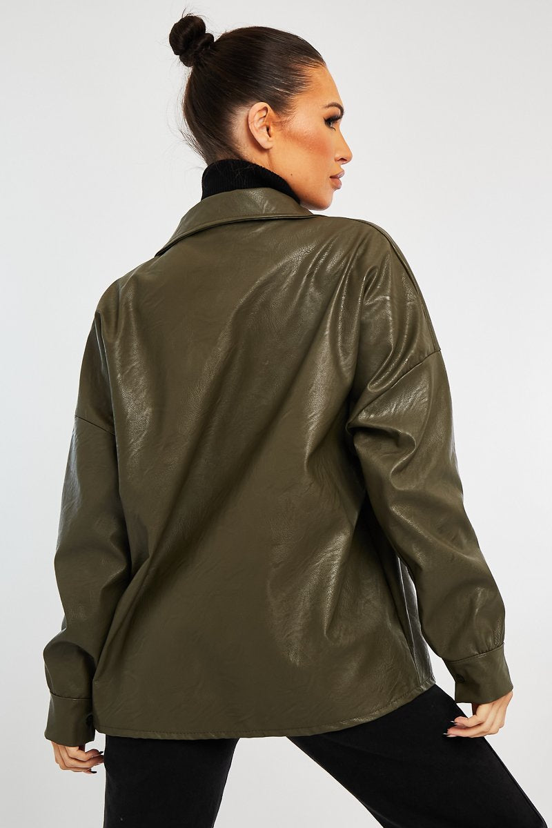 Khaki Faux Leather Shacket - Leiyah-Shacket