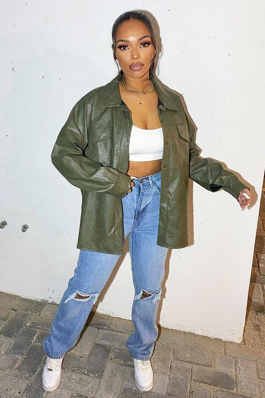 Khaki Faux Leather Shacket - Leiyah