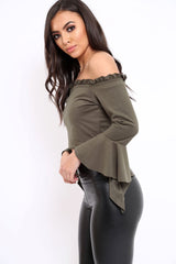 Khaki Faux Suede Bardot Frill Crop Top with Flared Sleeves - Tiffy-Tops