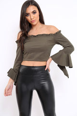 Khaki Faux Suede Bardot Frill Crop Top with Flared Sleeves - Tiffy-Tops