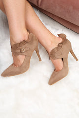 Khaki Faux Suede Frill Court Heels - Brynna-Heels