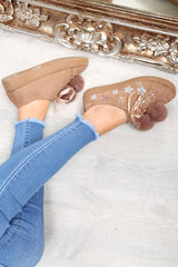 Khaki Faux Suede Pom Pom Trainers - Ellany-Trainers