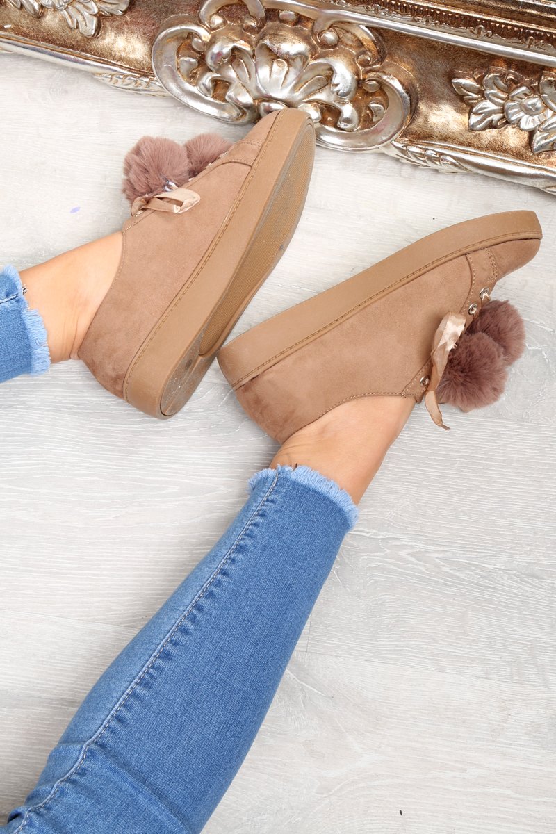 Khaki Faux Suede Pom Pom Trainers - Ellany-Trainers