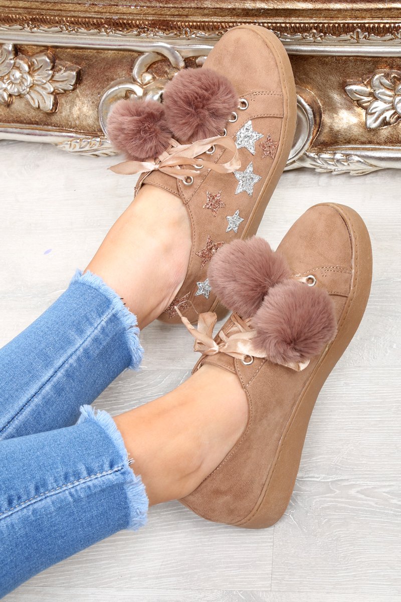 Khaki Faux Suede Pom Pom Trainers - Ellany-Trainers