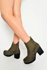 Khaki Faux Suede Stud Trim Chunky Chelsea Boots - Leana-Boots