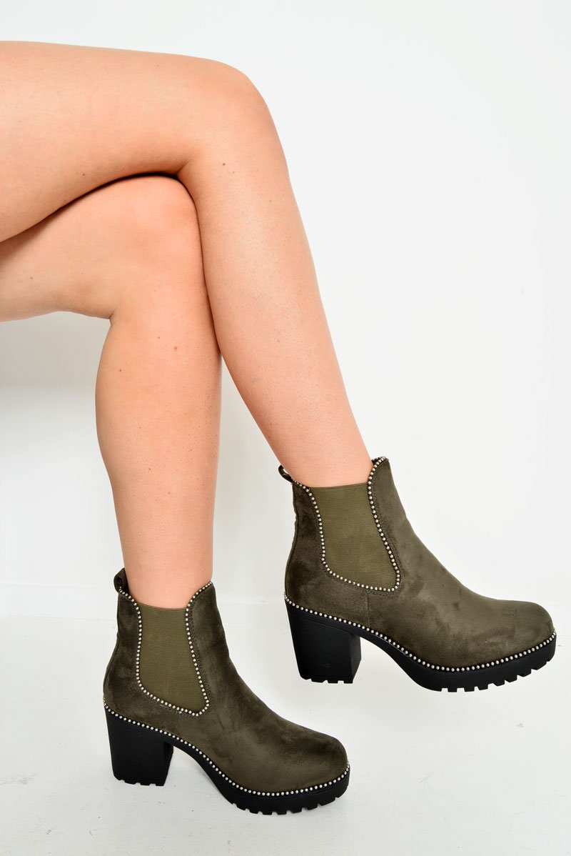 Khaki Faux Suede Stud Trim Chunky Chelsea Boots - Leana-Boots