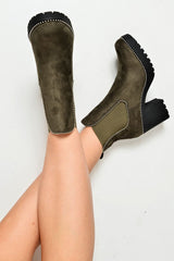 Khaki Faux Suede Stud Trim Chunky Chelsea Boots - Leana-Boots