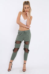 Khaki Fish Net Panel Detail Joggers - Mikaela-Trousers