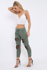 Khaki Fish Net Panel Detail Joggers - Mikaela-Trousers