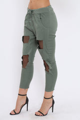 Khaki Fish Net Panel Detail Joggers - Mikaela-Trousers