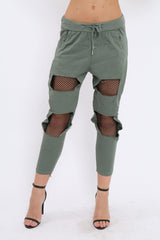 Khaki Fish Net Panel Detail Joggers - Mikaela-Trousers