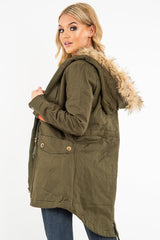 Khaki Fleece Lined Faux Fur Hood Parka Coat - Kiyomi-Jackets