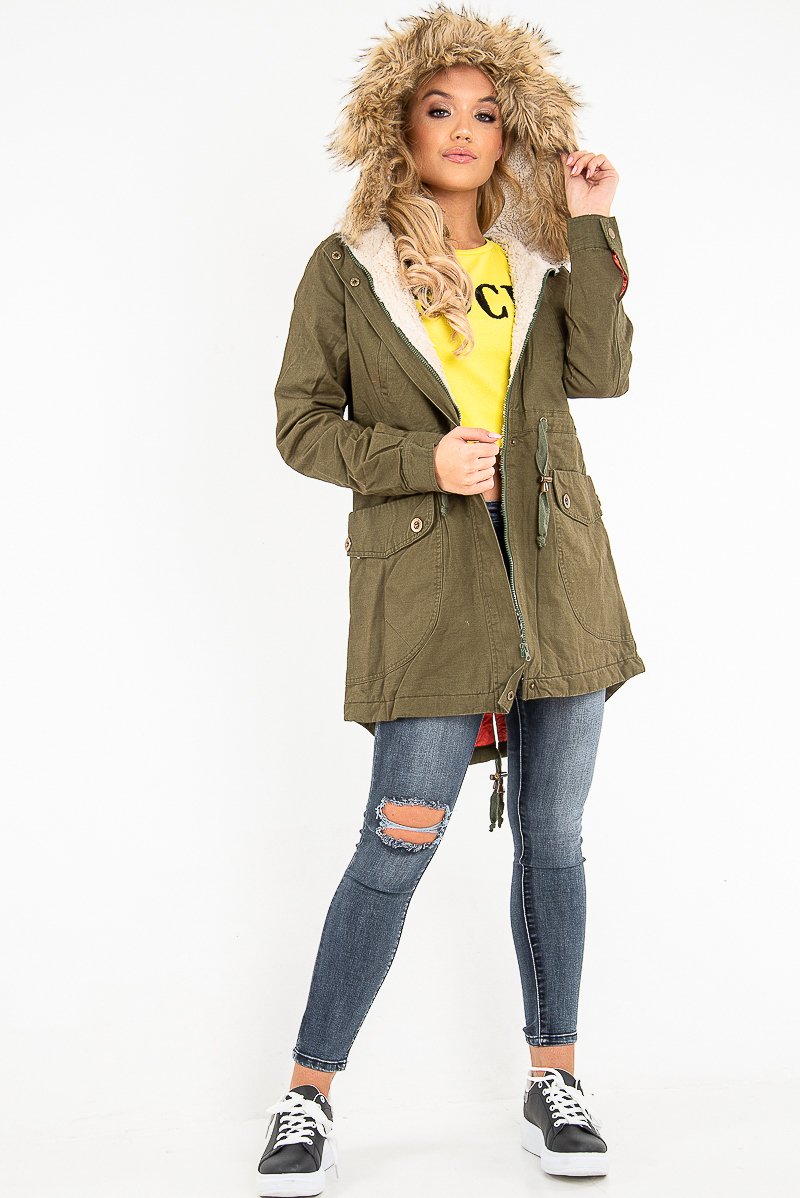 Khaki Fleece Lined Faux Fur Hood Parka Coat - Kiyomi-Jackets