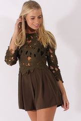 Khaki Floral Crochet Playsuit - Agatha-Playsuits