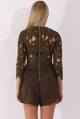 Khaki Floral Crochet Playsuit - Agatha-Playsuits