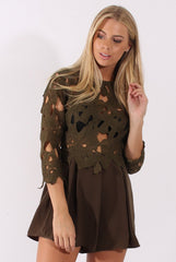 Khaki Floral Crochet Playsuit - Agatha-Playsuits
