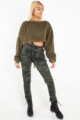 Khaki Fluffy Long Sleeve Crop Jumper - Noura-Crop Jumper