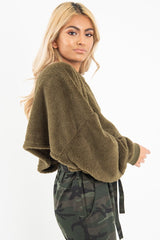 Khaki Fluffy Long Sleeve Crop Jumper - Noura-Crop Jumper