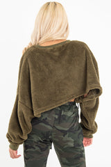 Khaki Fluffy Long Sleeve Crop Jumper - Noura-Crop Jumper