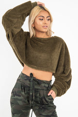 Khaki Fluffy Long Sleeve Crop Jumper - Noura-Crop Jumper