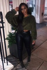 Khaki Fluffy Long Sleeve Crop Jumper - Noura-Crop Jumper