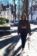Khaki Fluffy Long Sleeve Crop Jumper - Noura-Crop Jumper