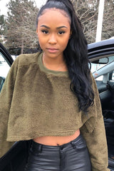 Khaki Fluffy Long Sleeve Crop Jumper - Noura-Crop Jumper